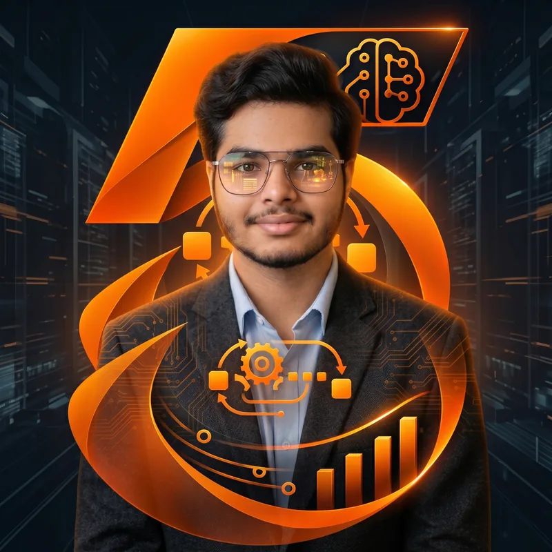 Muhammad Abdullah in front of the 5 AM Solution logo